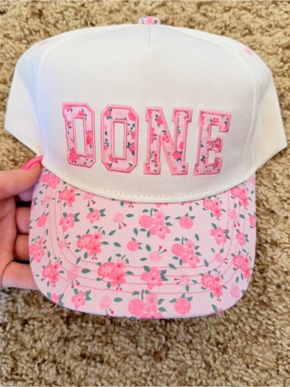 White Baseball Cap with Pink Floral Brim and "DONE" Embroidery
